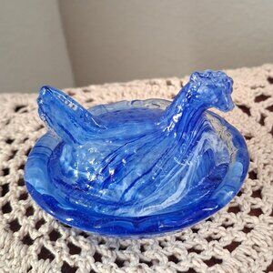 Blue Slag glass hen on a nest salt cellar